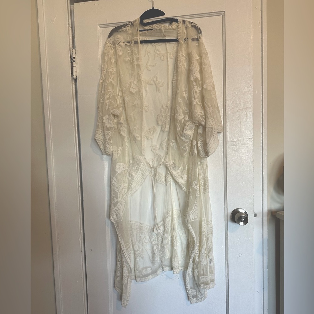 Ivory White Lace Kimono Robe size L / beach boho bride bridal maternity